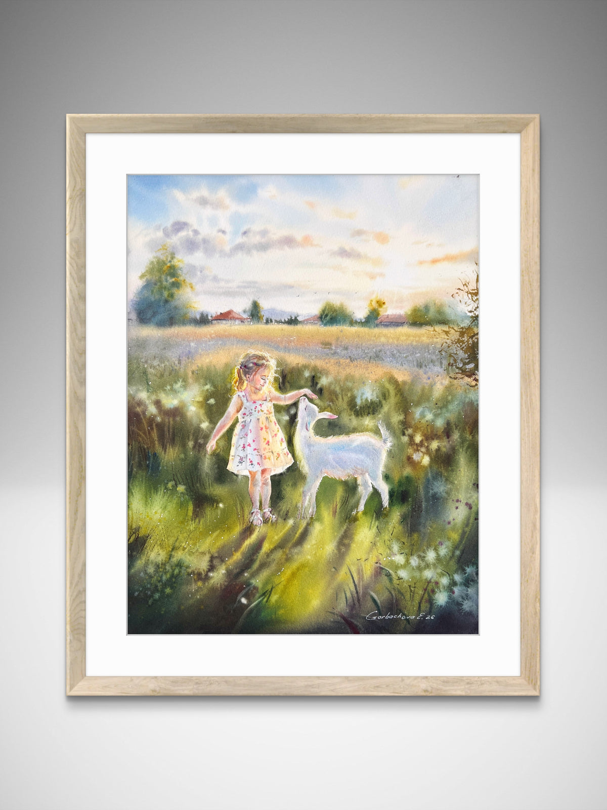 Acuarela "Granja nublada", nubes sobre la granja, 12x16