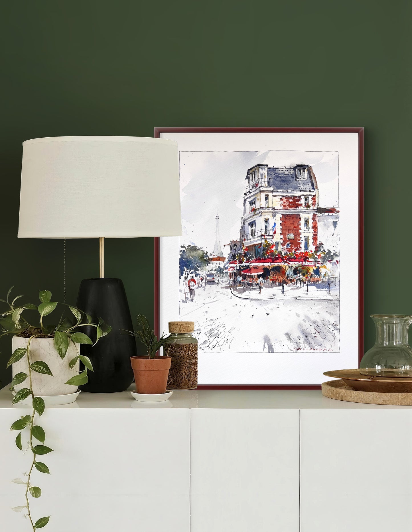 Paris Cafe Watercolor, Montmartre Street Scene,Parisian Daydream 10x12