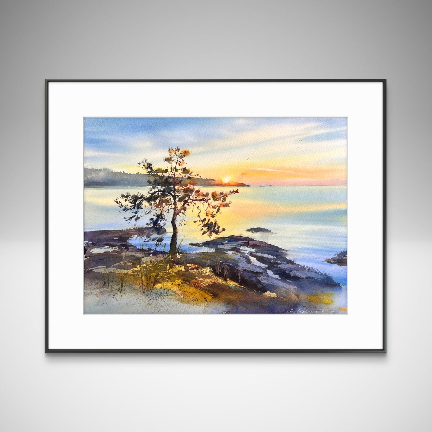 Ladoga Watercolor Painting, Lake Sunset Art, Golden Ladoga 12x16