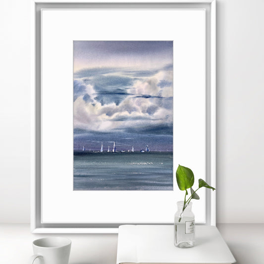 Original Watercolor Seascape, "Yachts at sea #23" Painting, Charming Gift for Ocean Lovers