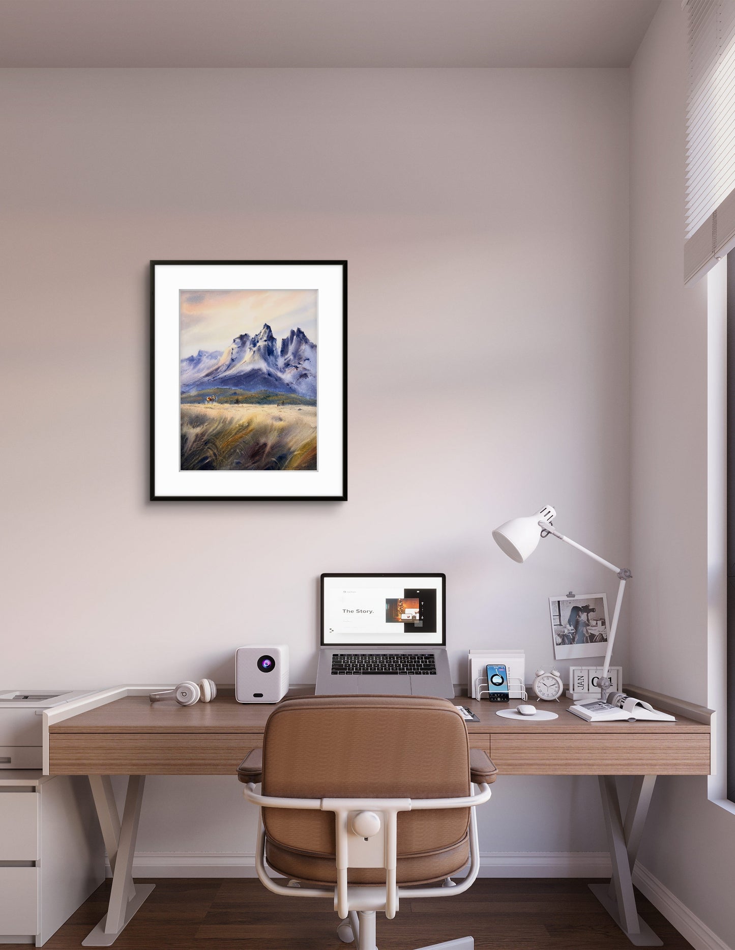 Original Mountain Landscape Watercolor Painting, Horse in High Grass Field Art, Where the Wind Runs Free 12x16