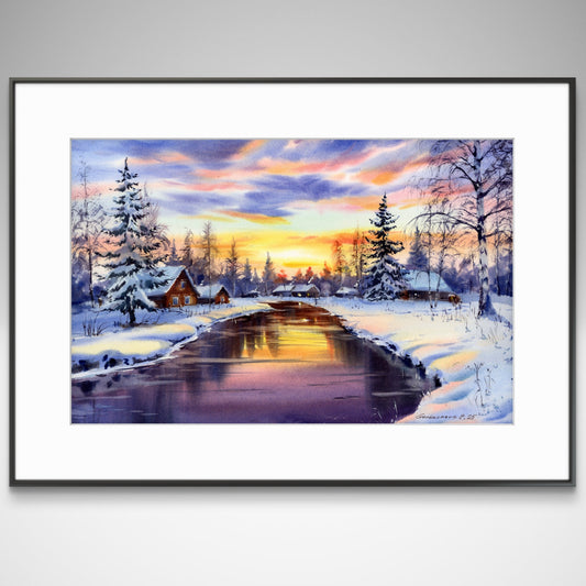 Watercolor Winter Landscape Original Painting | Snowy Sunset River Art 16x10 | Whispers of Winter Sunset