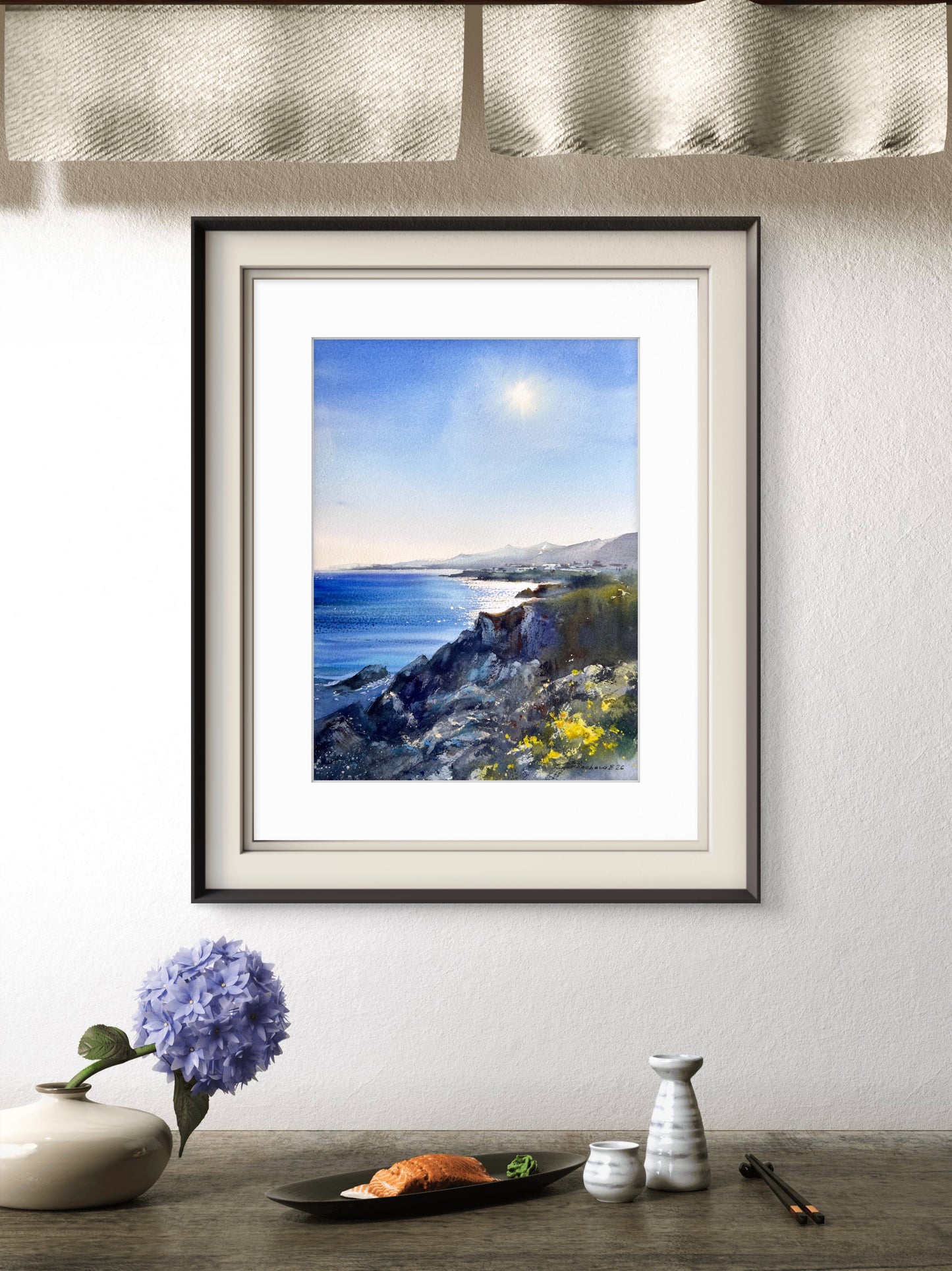 Cyprus Coastal Watercolor Painting, Mediterranean Sea Landscape, Cyprus Morning Light 9x12