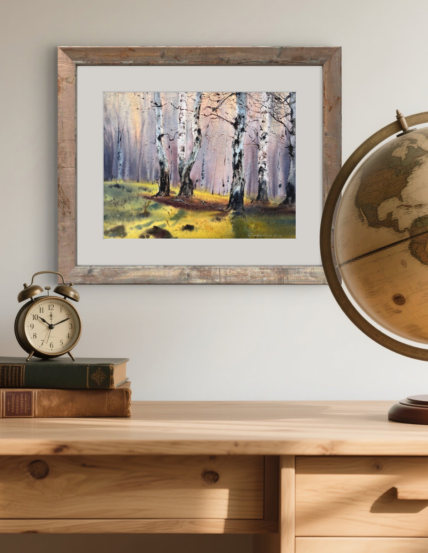 Birch Forest Watercolor Painting, Moody Woodland Landscape Art, Birchwood Dreams 12x16