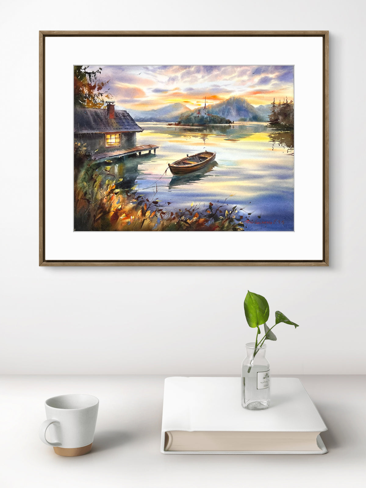 Acuarela de un lago al atardecer, arte original de un paisaje con barco, un barco solitario al atardecer 12x16