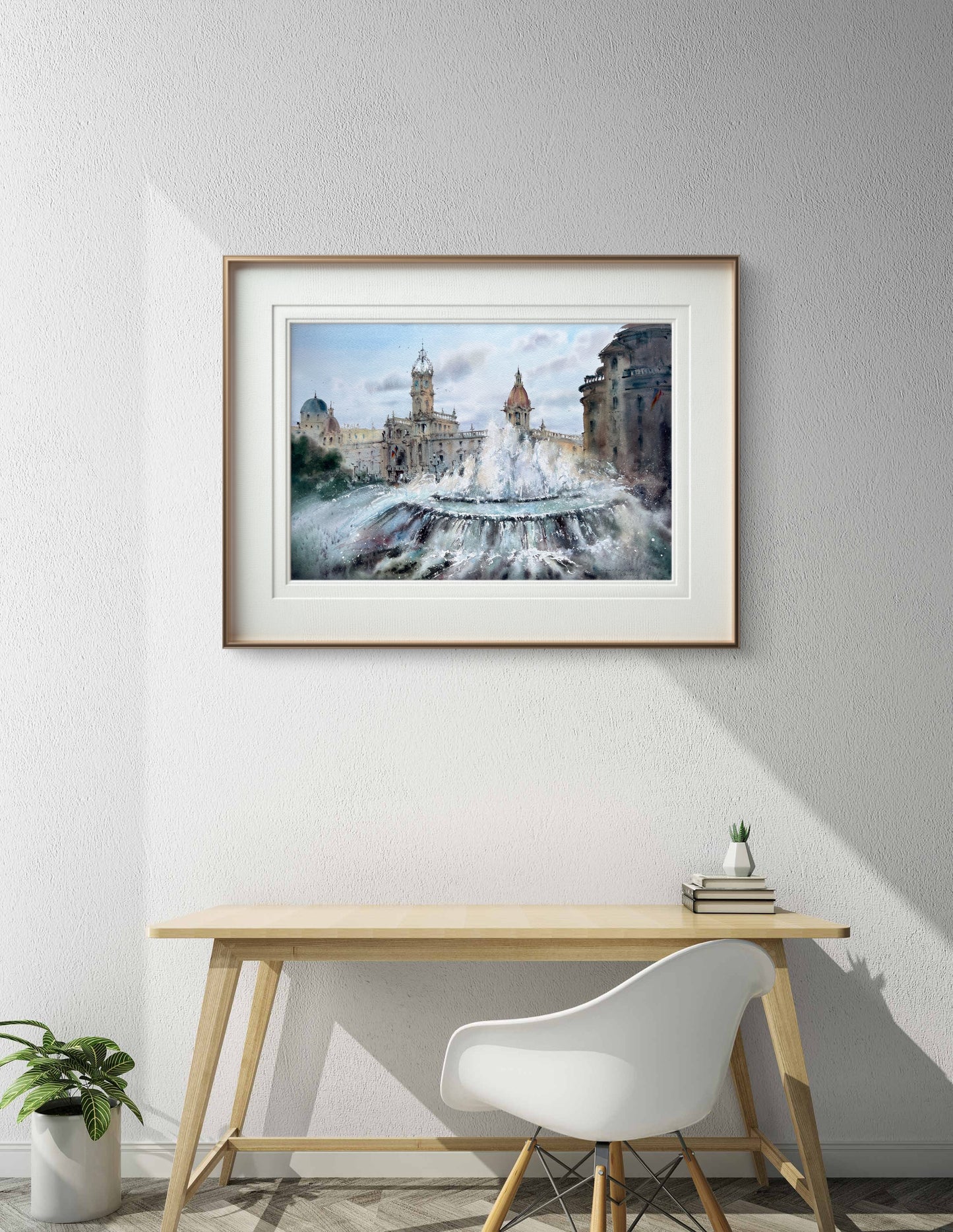 Original Watercolor Painting: Valencia Town Hall Square Cityscape with Fountain