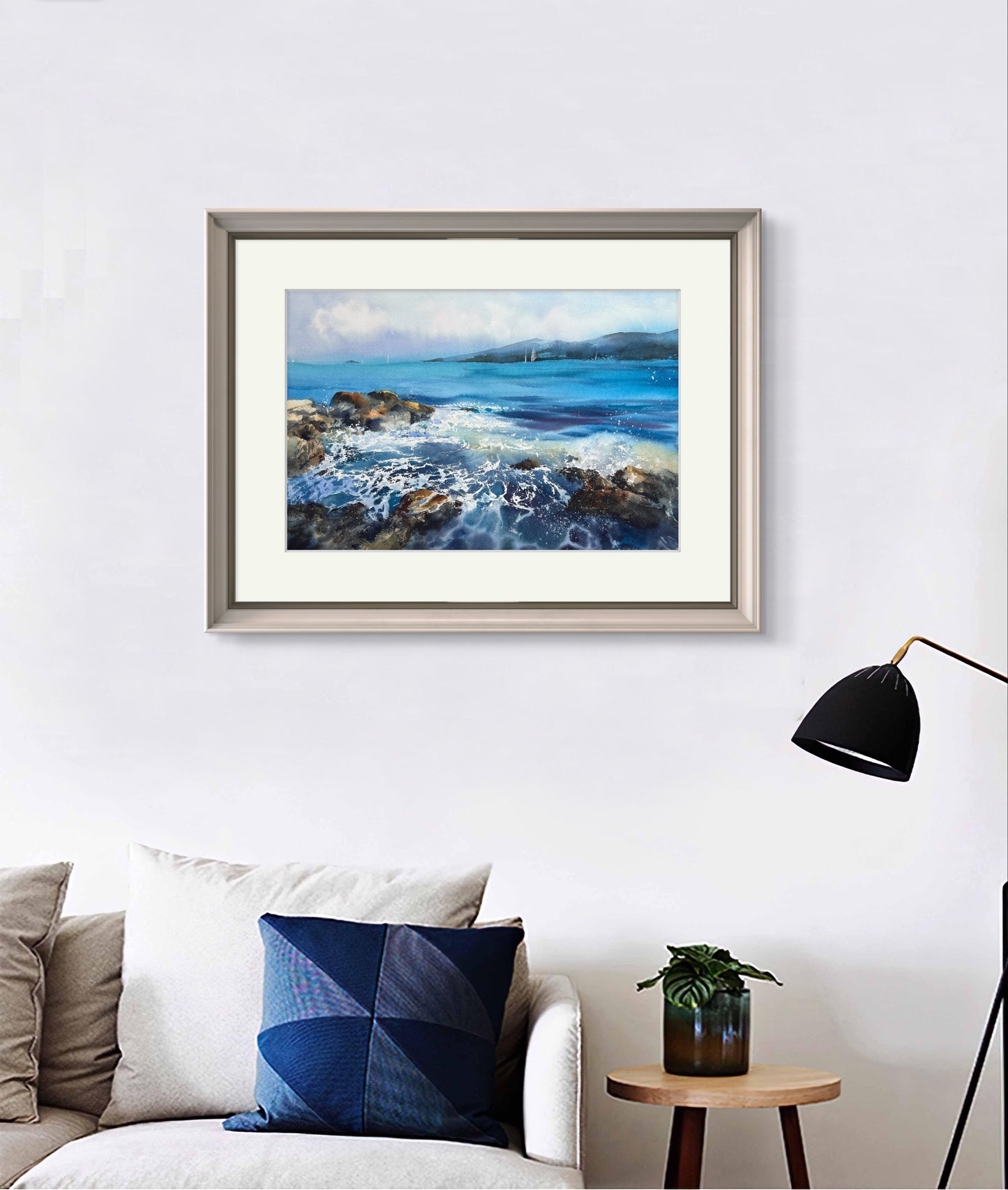 Coastal Painting Original, Watercolour Seascape Artwork - "Sea and Stones #2" - 15x22 in