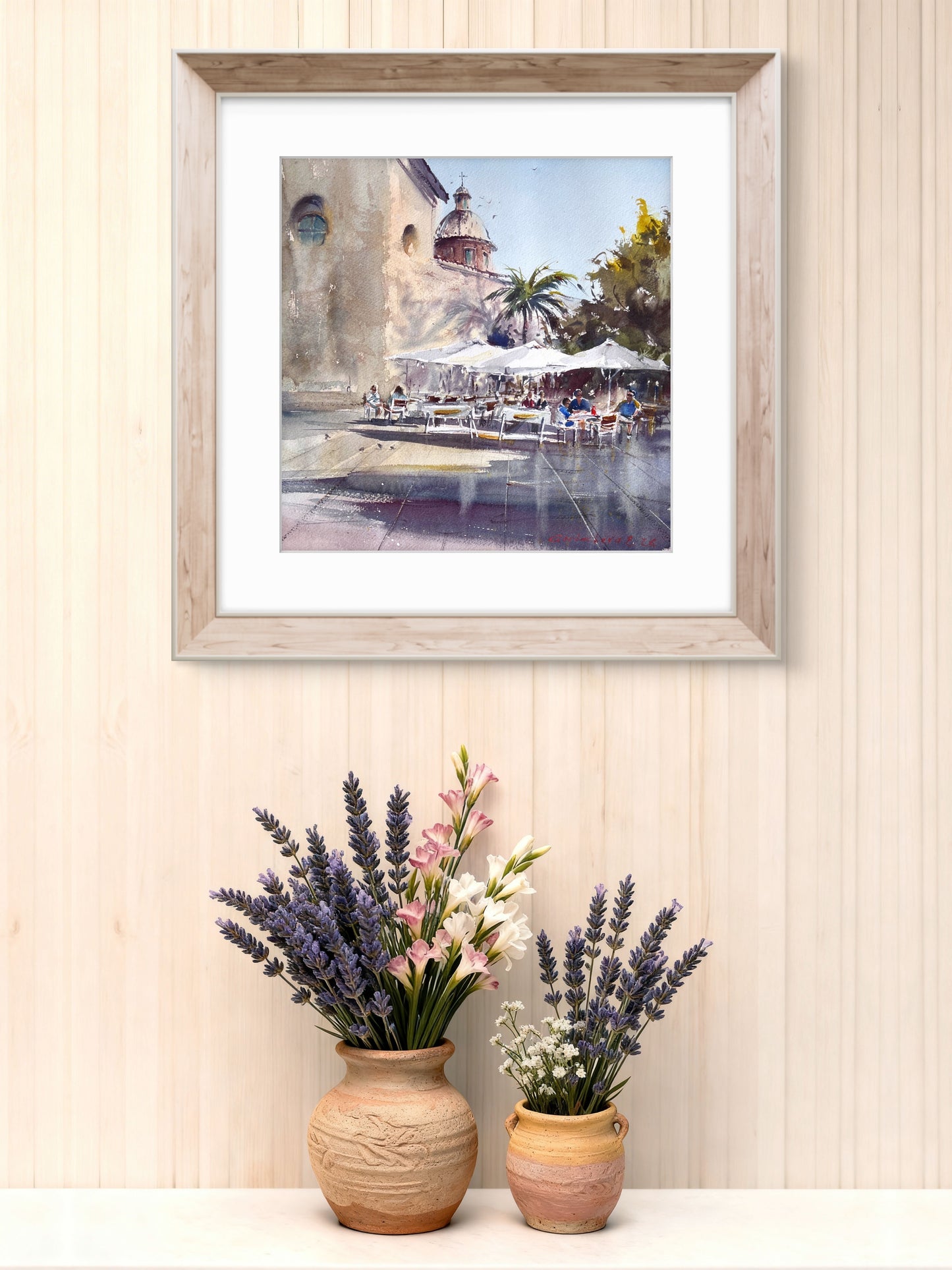 Valencia Spain Watercolor Painting, Mediterranean Cafe Wall Art, Sun Over the Plaza 15x15