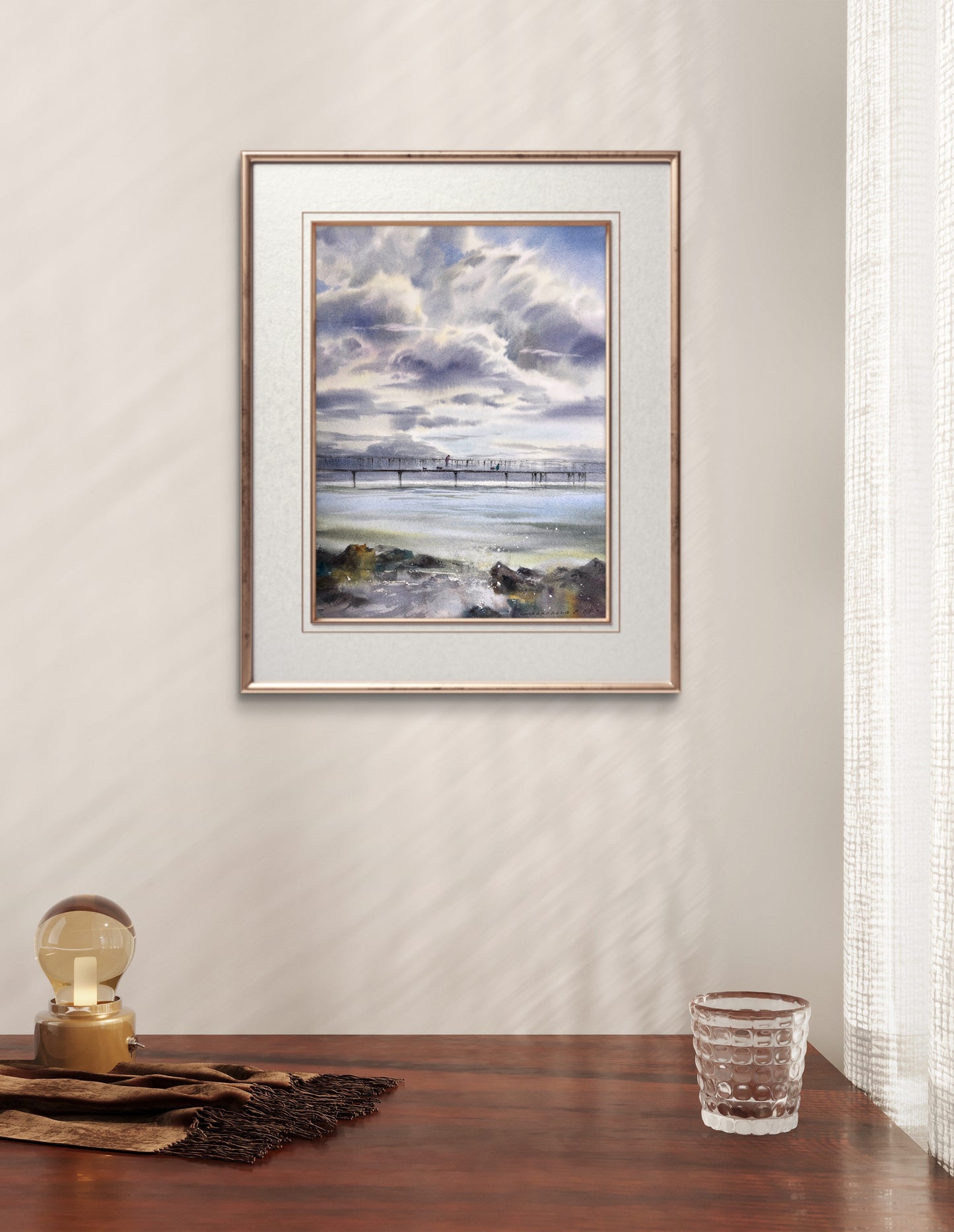 Seaside Serenity: Original Watercolor Painting 'Walk along the Sea Bridge #2'