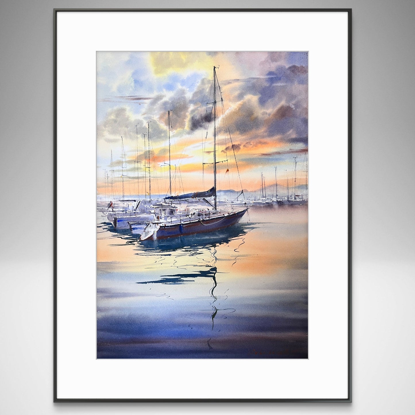 Sailing Boats Watercolor Painting Original Sunset Seascape Wall Art, The Silent Harbor 15x22