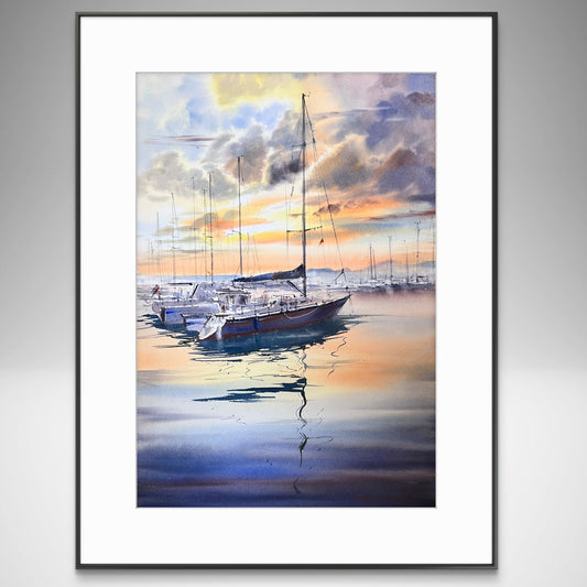 Sailing Boats Watercolor Painting Original Sunset Seascape Wall Art, The Silent Harbor 15x22