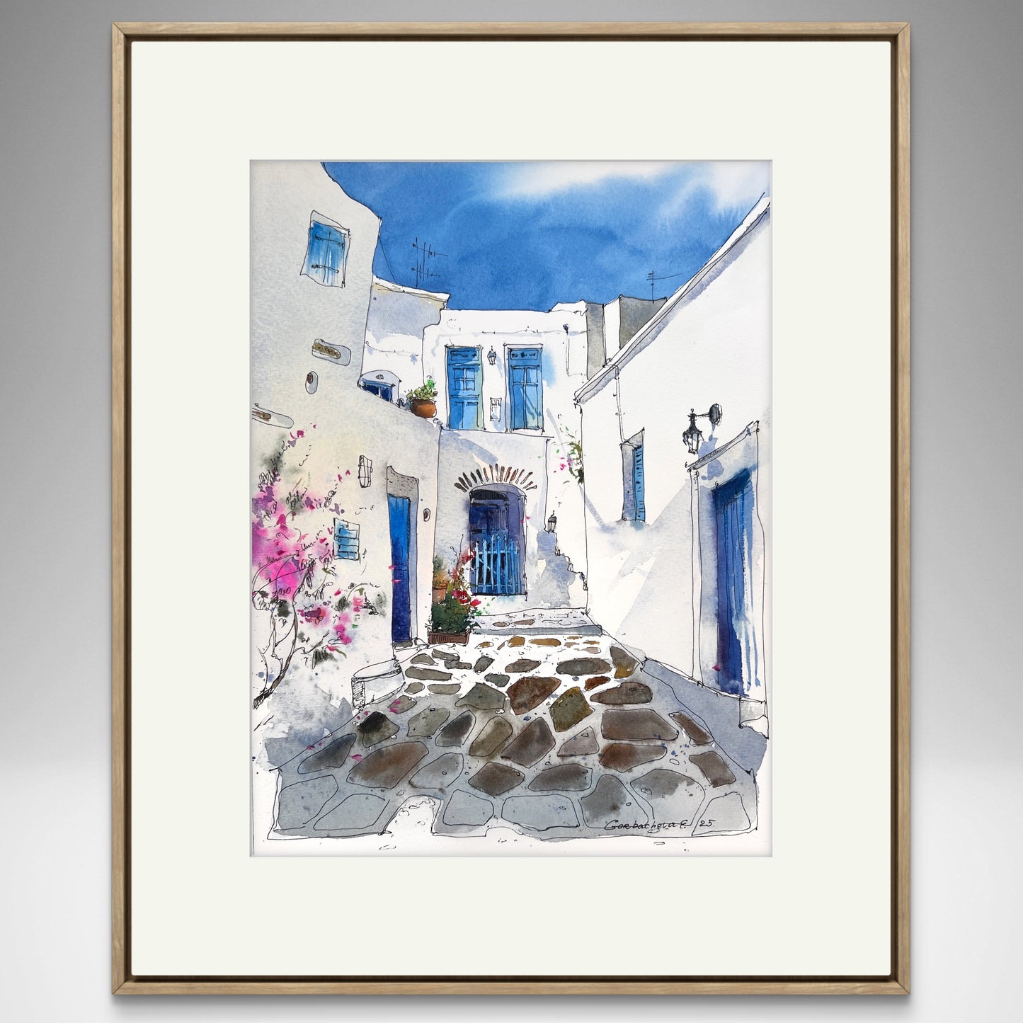 Spanish Corner - Mediterranean art original artwork, vibrant blue door and whitewashed walls