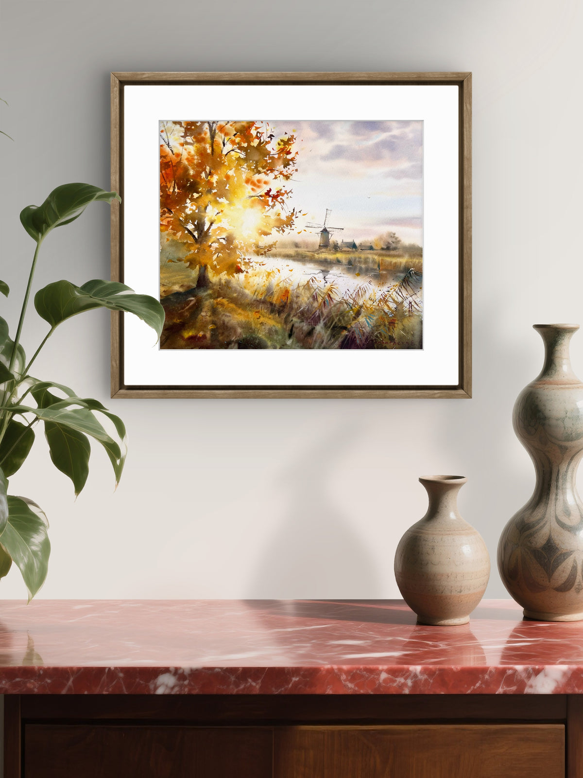 Autumn Watercolor Landscape, Windmill Painting, Original Fall Art, Whispers of Autumn 12x14
