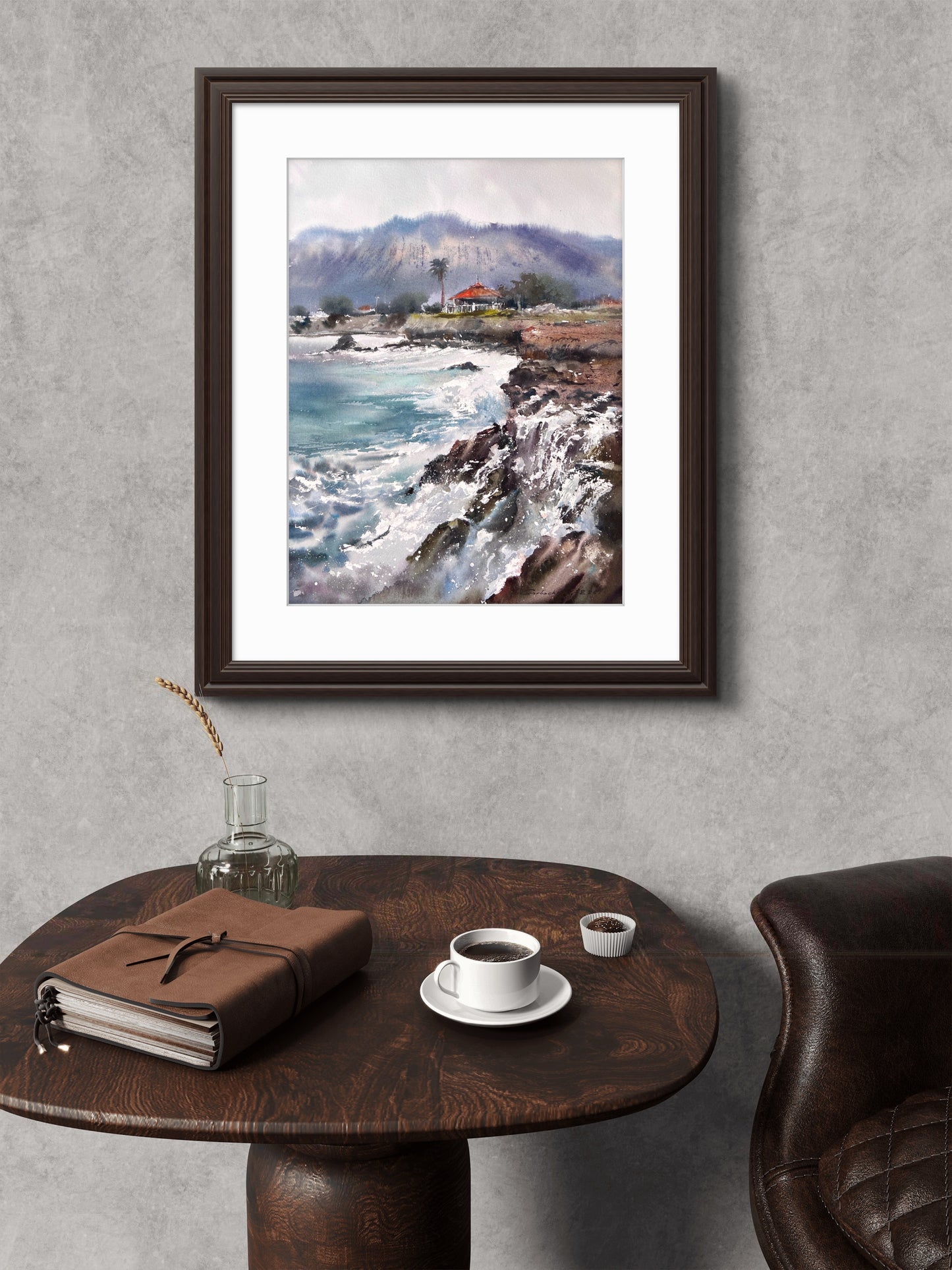 Cyprus Watercolor Painting, Coastal Seascape Art, House on the coast of Cyprus #2 12x16