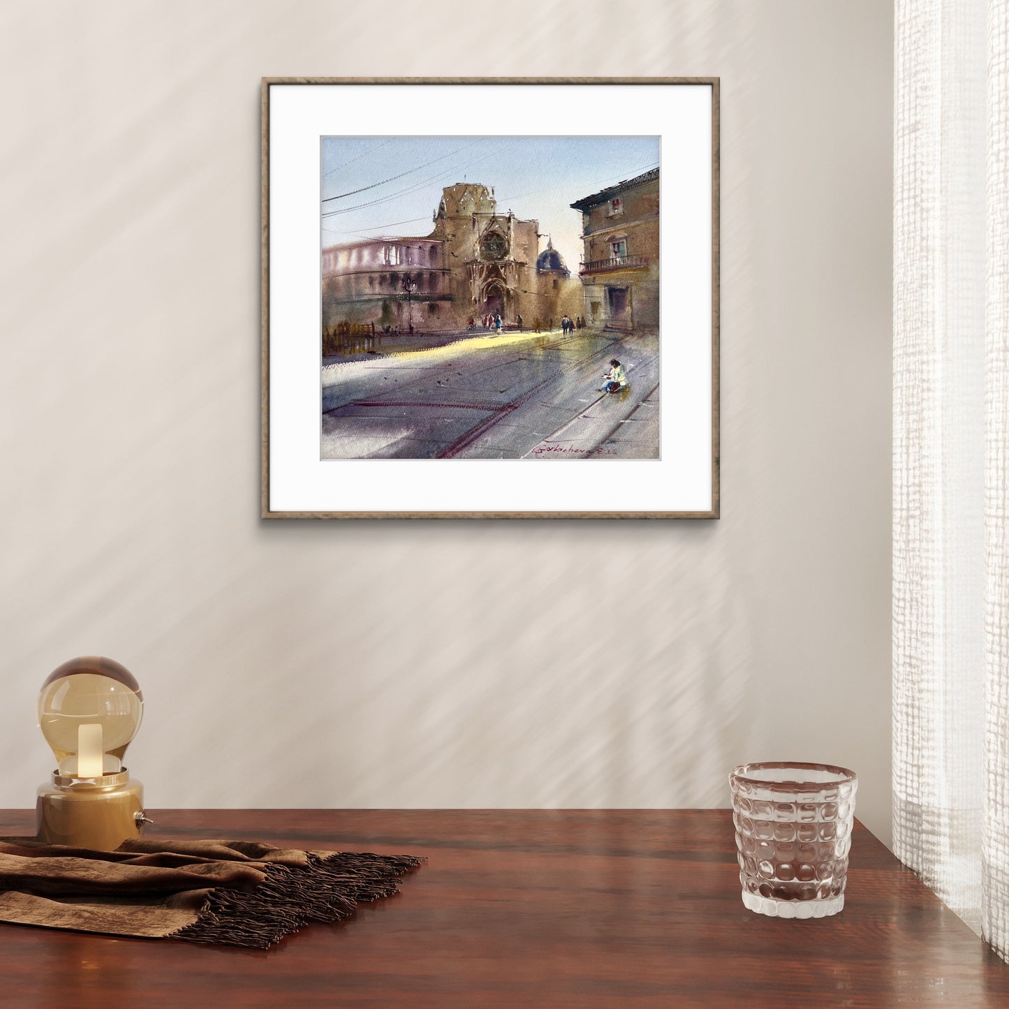 Valencia Watercolor Painting, Spain Cityscape Art, Valencia Morning Glow 14x15