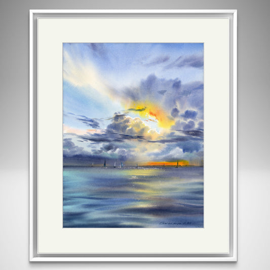 Serene Watercolor Sailboats Under Sunlit Clouds - Yachts at sunset #21