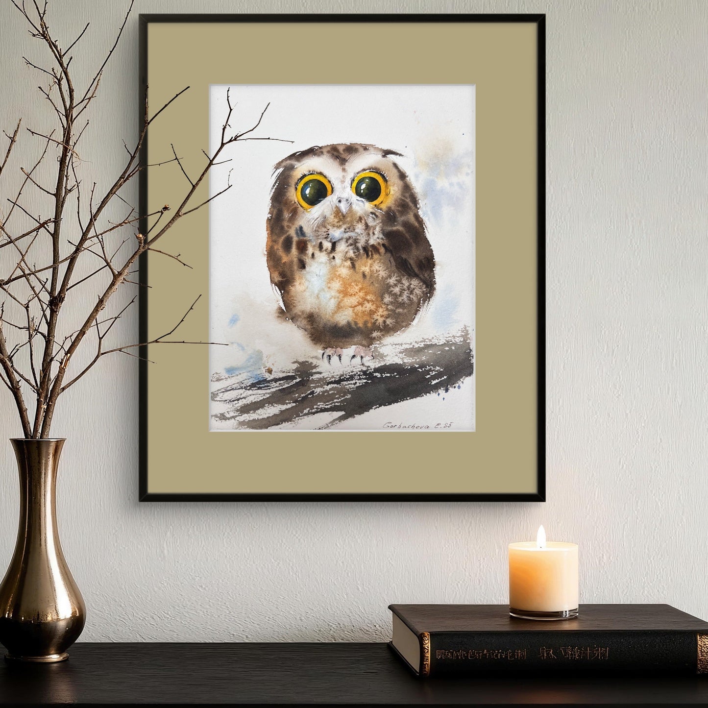 Original Watercolor Painting Tiny Owl, Cute Baby Owl Art, Amber-Eyed Owlet 8 x 10 in