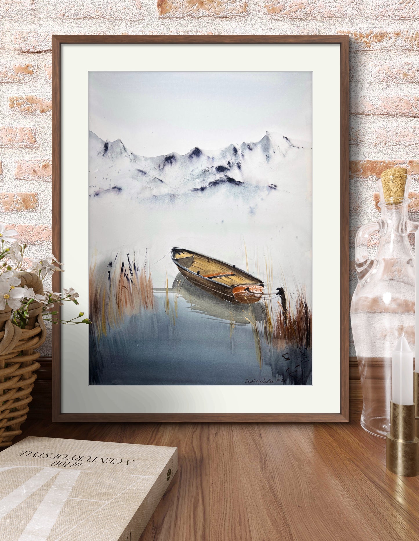 Original Watercolor Painting - 'Boat on a Mountain Lake #2' Featuring Fall Landscape & Snowy Mountains