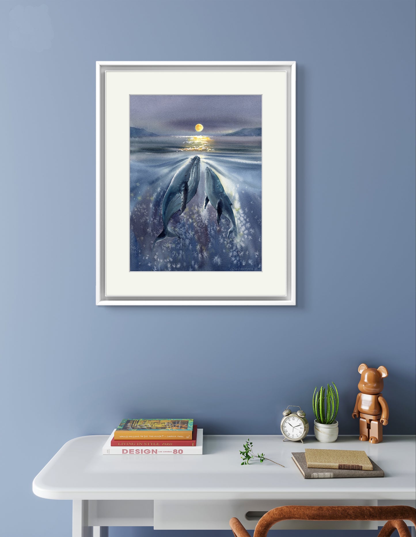 Whale Family Moonlight Watercolor Print - Whale Ocean Art