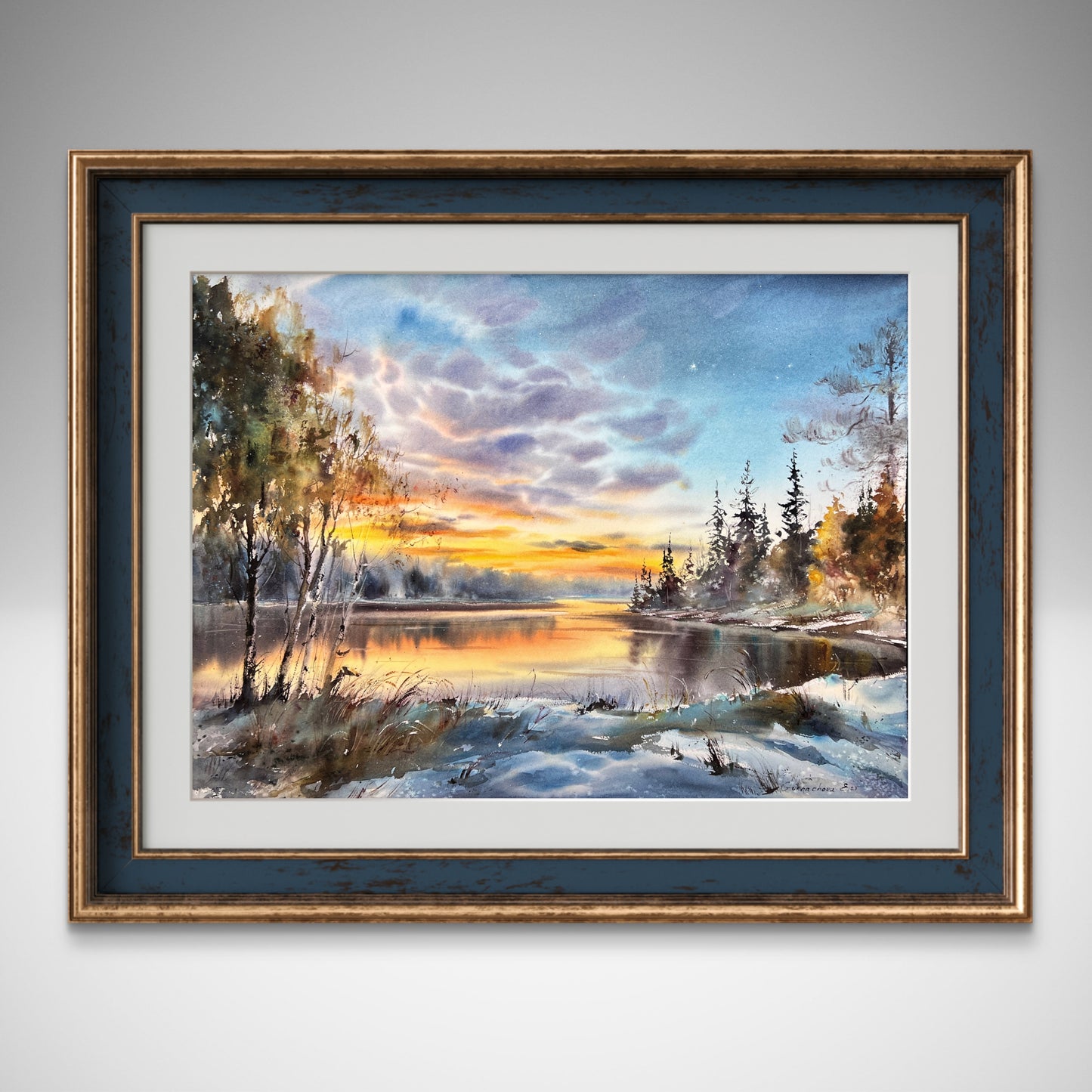 Winter Sunset Watercolor Painting, Snowy Lake Landscape Art, Sunset on the Ice