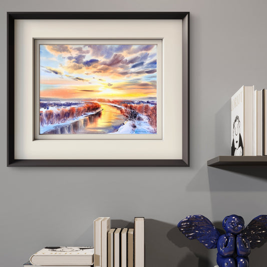 Winter Sunset River Watercolor Painting, Snowy Landscape Wall Art, Wintry Sky Symphony 12x16