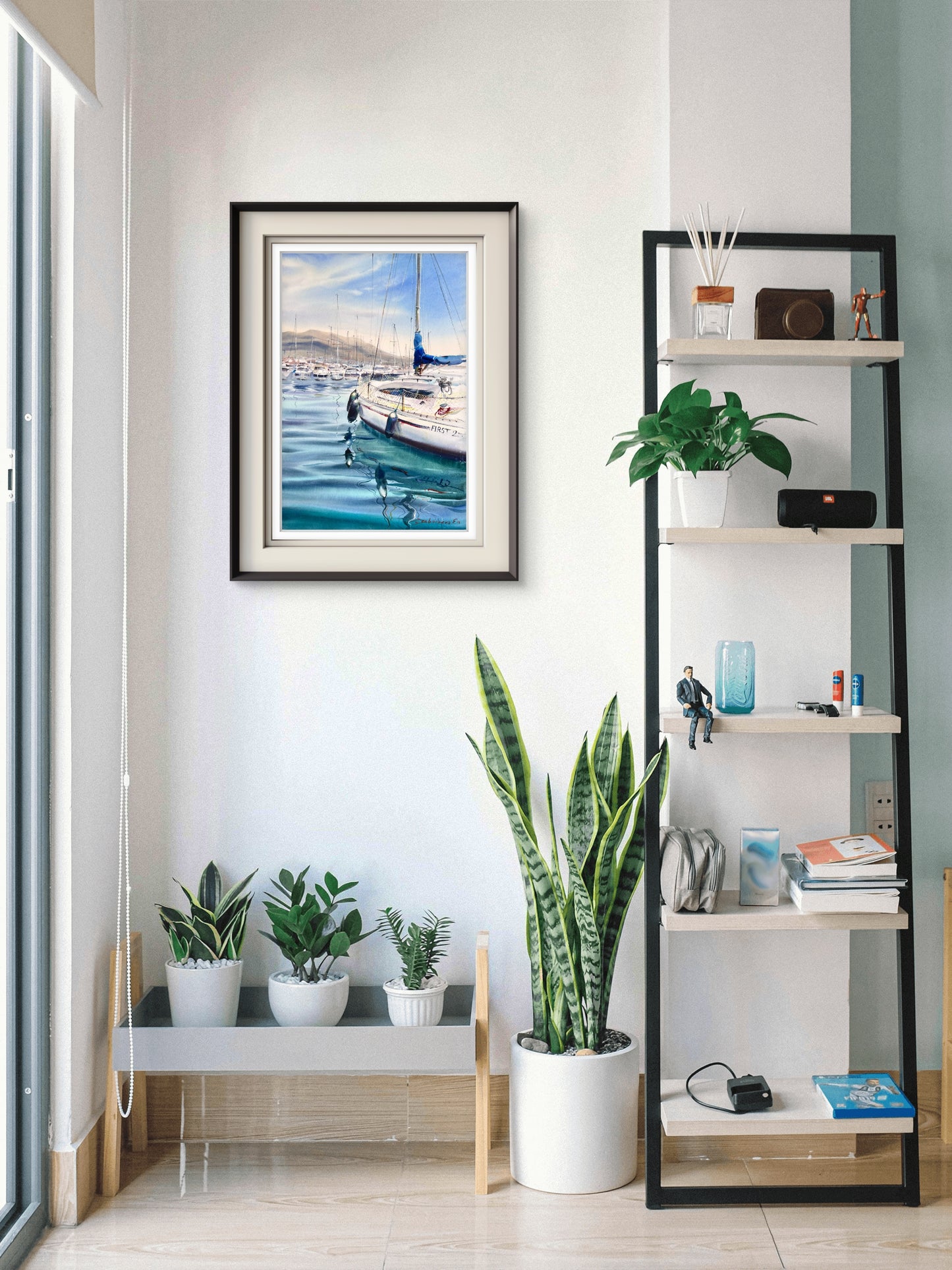 Sailboat Watercolor Painting, Coastal Marina Art, Waiting for the Wind 15x22