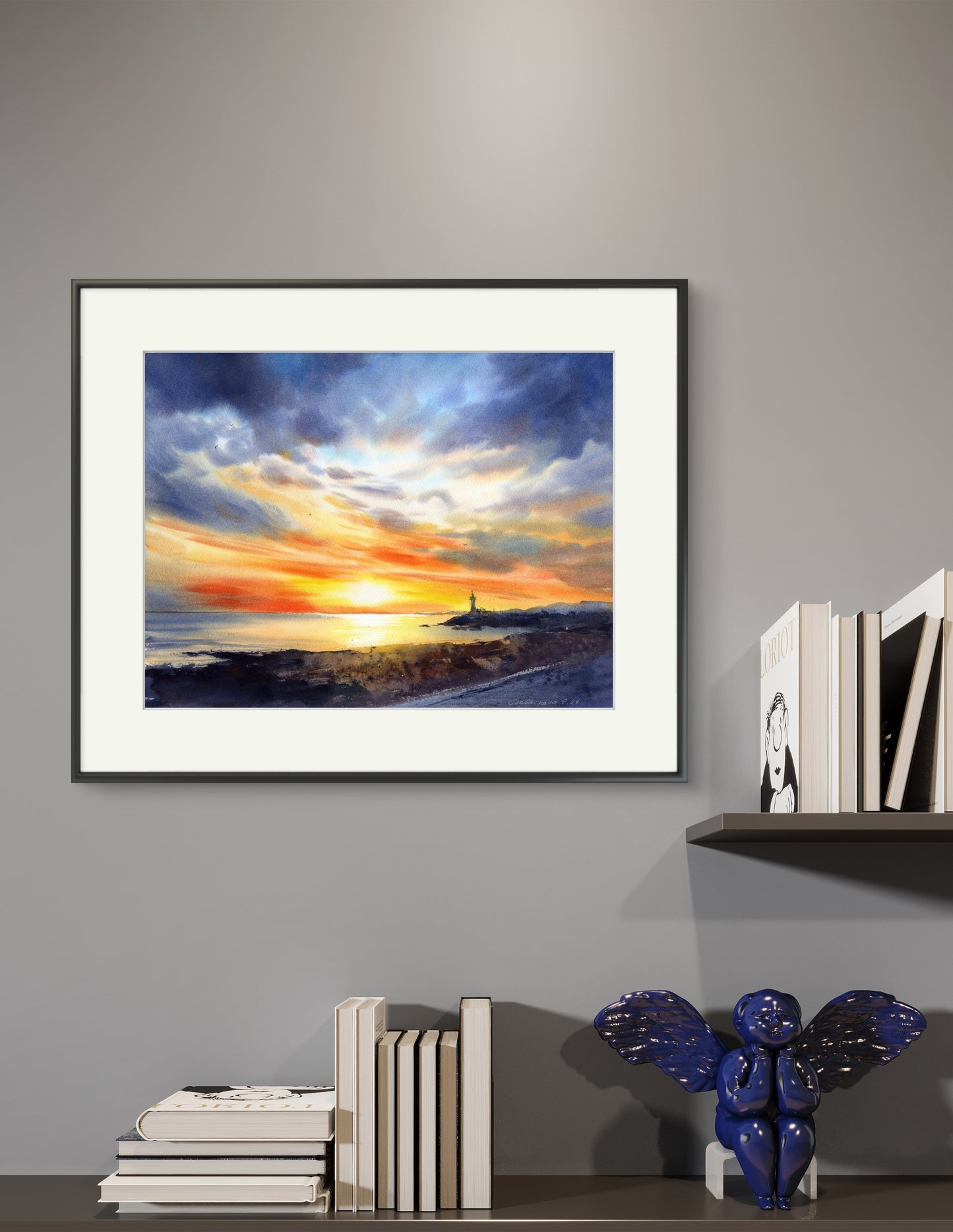 Lighthouse at sunset #4 - Original Painting Watercolour Sunset Artwork, Serene Coastal Scene for Relaxing Spaces