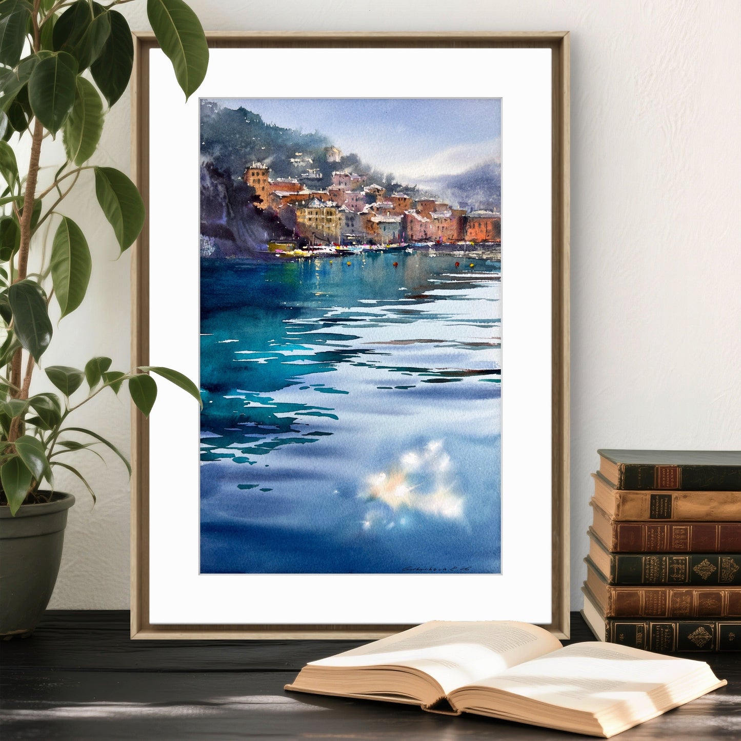 Camogli Italy Watercolor Painting, Coastal Harbor Art, Blue Italian Morning. Camogli 9x14