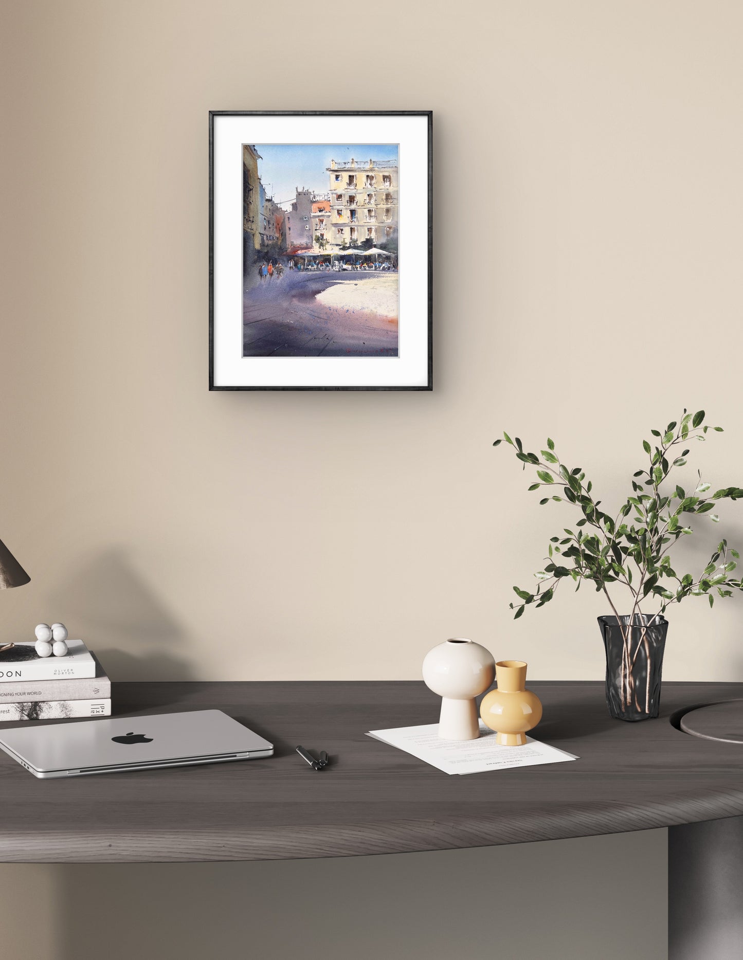 Valencia Sunlit Square – Watercolor Painting – Spain-Inspired Art – Elegant Southern Europe Home Decor