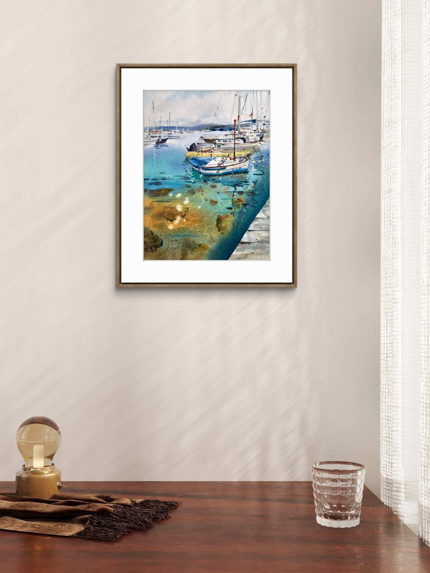 Original Watercolor Harbor Painting, Coastal Boats Art, Yachts at anchor #20 12x16