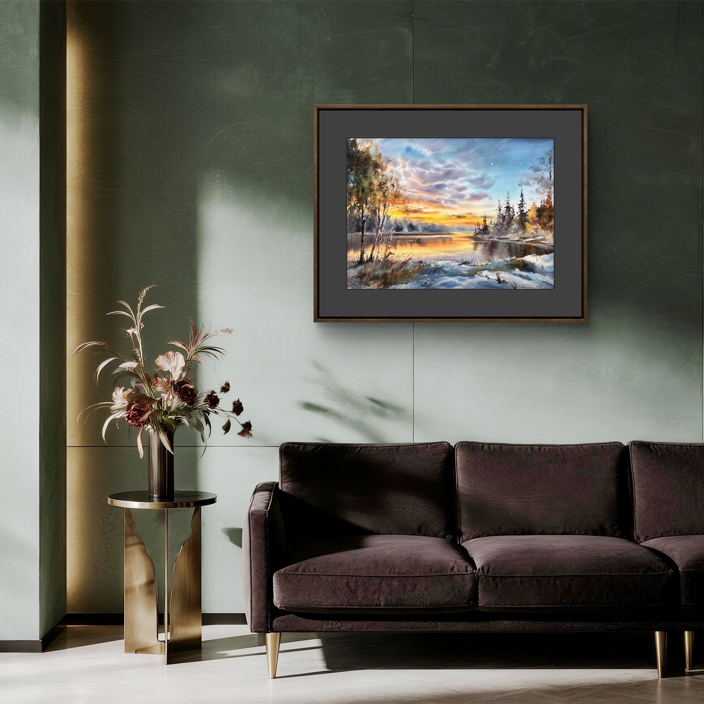 Winter Sunset Watercolor Painting, Snowy Lake Landscape Art, Sunset on the Ice