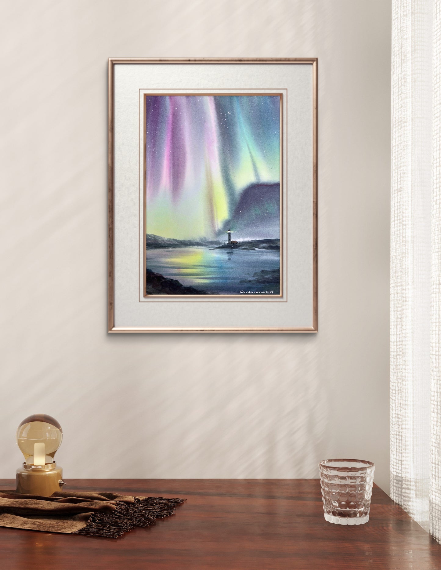 Aurora Borealis Painting Watercolor Original - Lighthouse at night