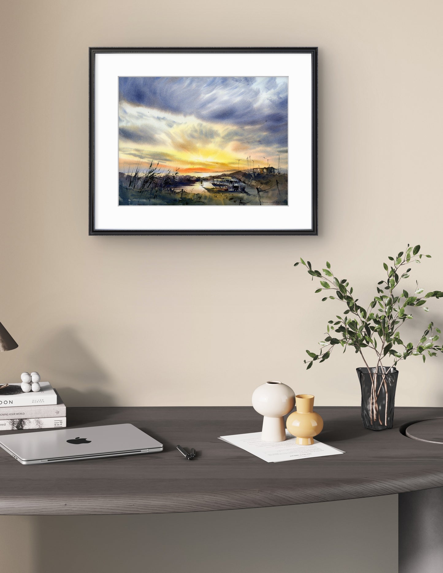 Original Watercolor Painting: Boats on Pier Sunset #4 12x16 in