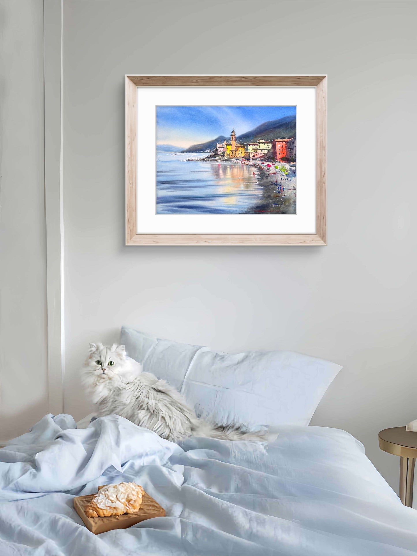 Camogli Italy Watercolor Painting, Coastal Wall Art, Morning in Camogli 12x16
