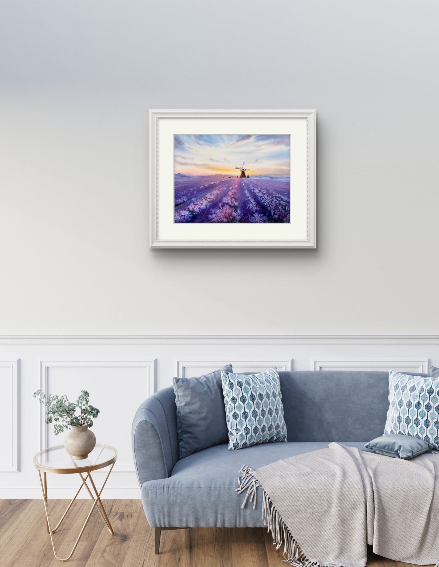 Lavender painting watercolor artwork, serene French lavender fields and mill, Whispers of Provence 12x16