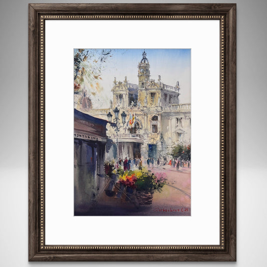 Original Valencia City Hall Painting, Ayuntamiento Spain Watercolor Art, Ayuntamiento Sun 11х15
