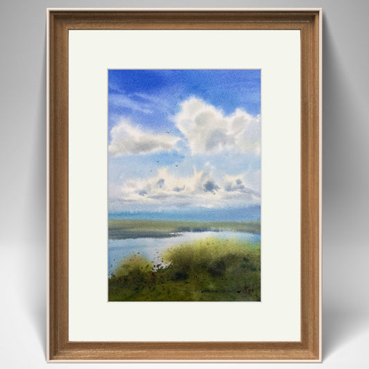 Summer Sky Watercolor Art | River Landscape Painting | Blue Clouds | 6x9 in Original