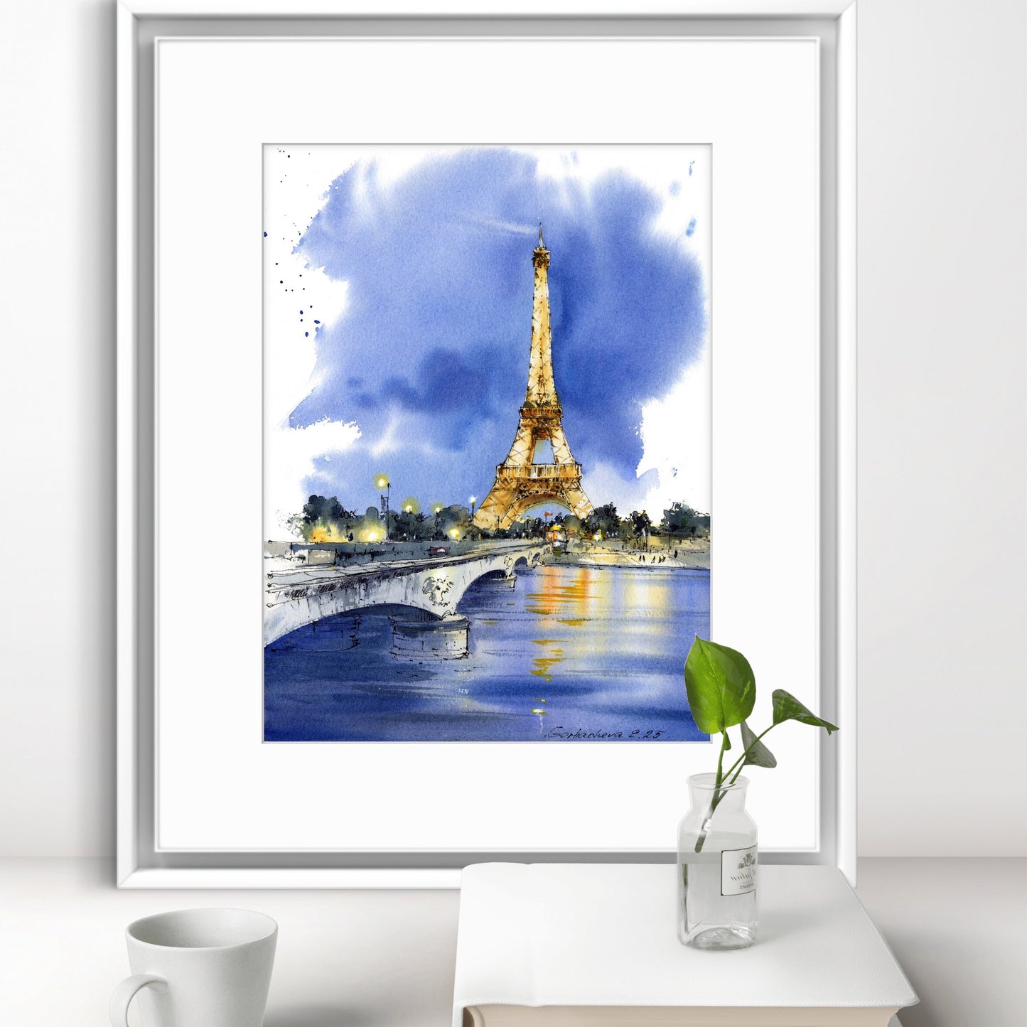 Eiffel Tower Watercolor Painting at Night, Paris Cityscape Art, Paris Lights 9x12 in