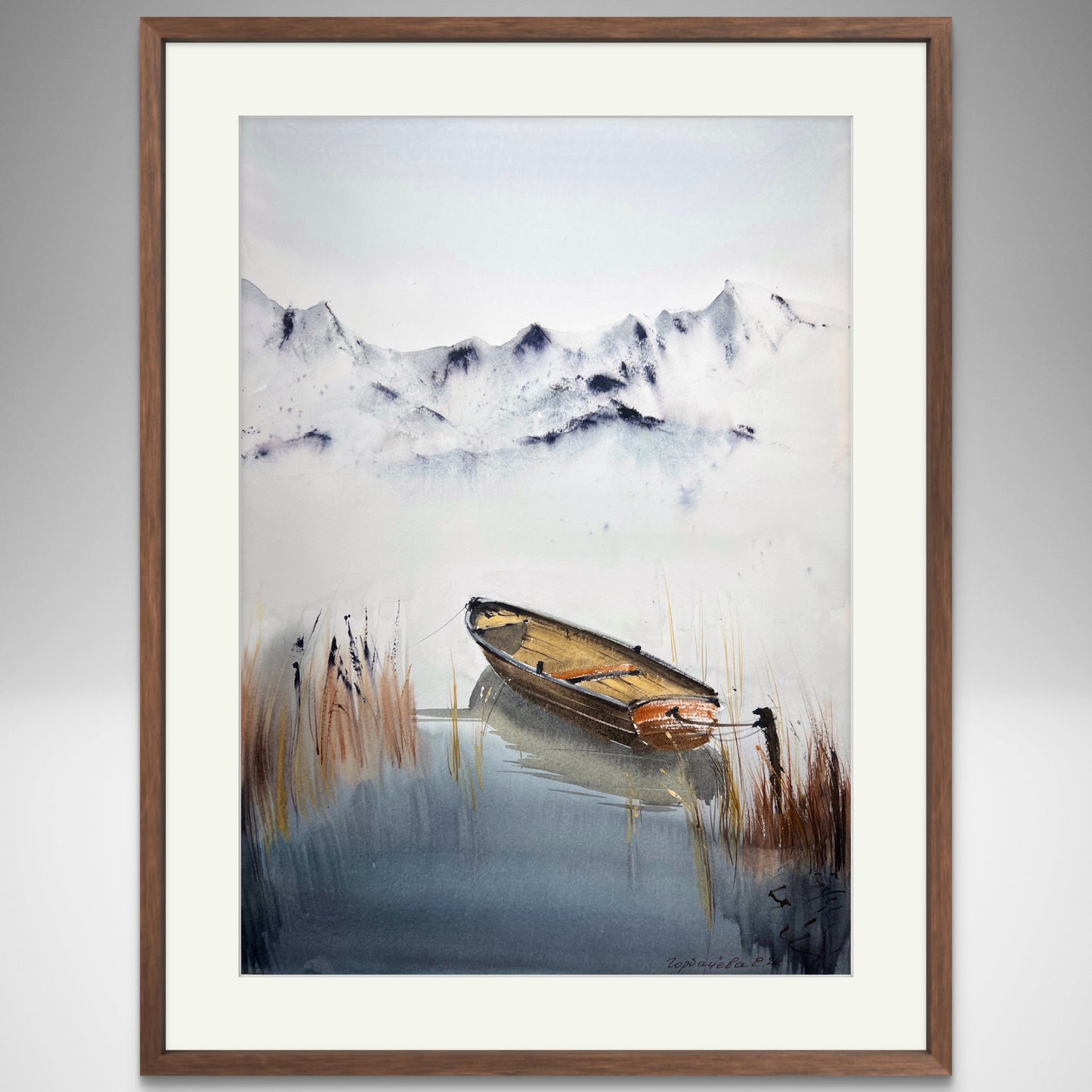 Original Watercolor Painting - 'Boat on a Mountain Lake #2' Featuring Fall Landscape & Snowy Mountains