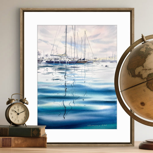Acuarela original del puerto deportivo de Valencia | Paisaje marino al atardecer en España | Puerto vespertino en Valencia 12x16 pulgadas