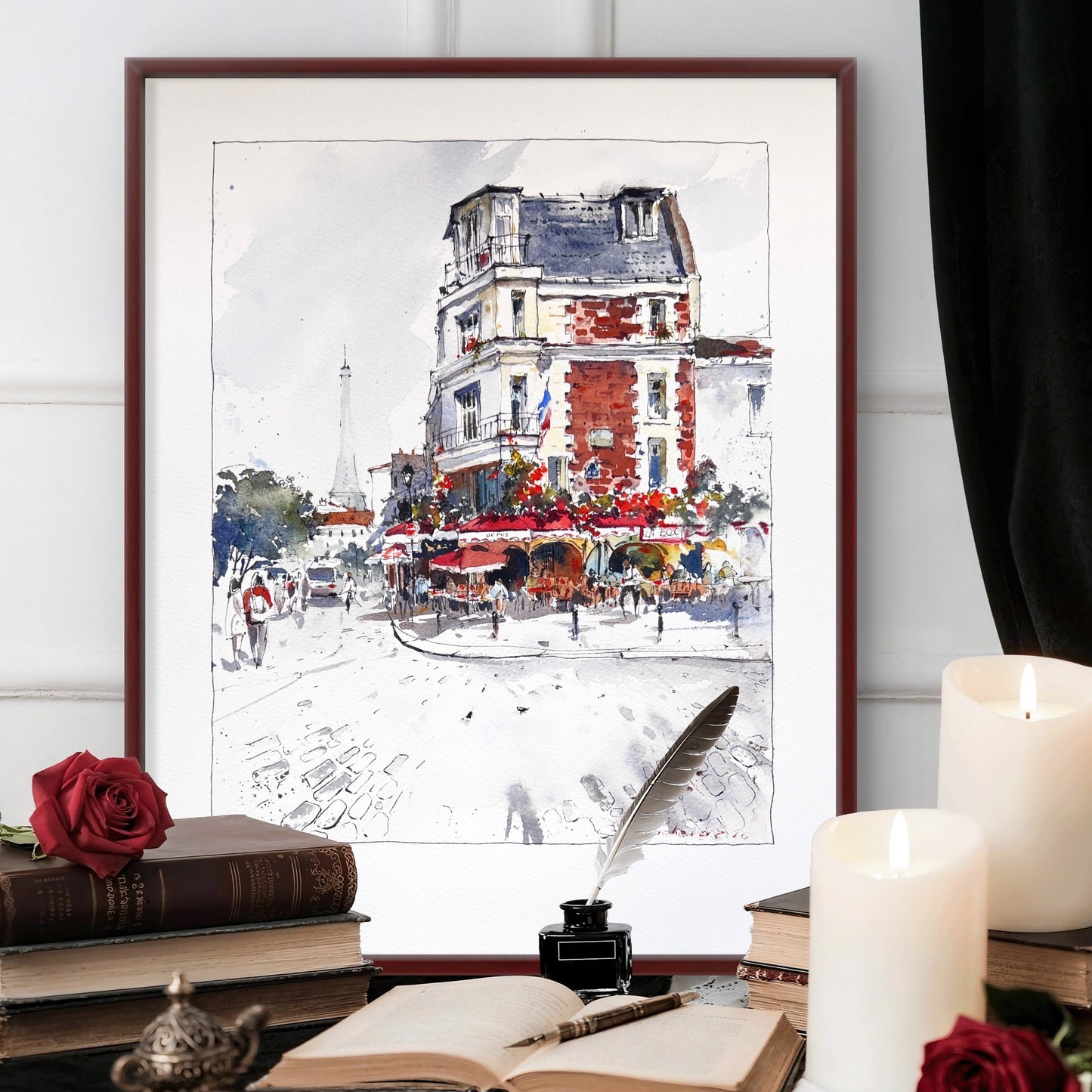 Paris Cafe Watercolor, Montmartre Street Scene,Parisian Daydream 10x12