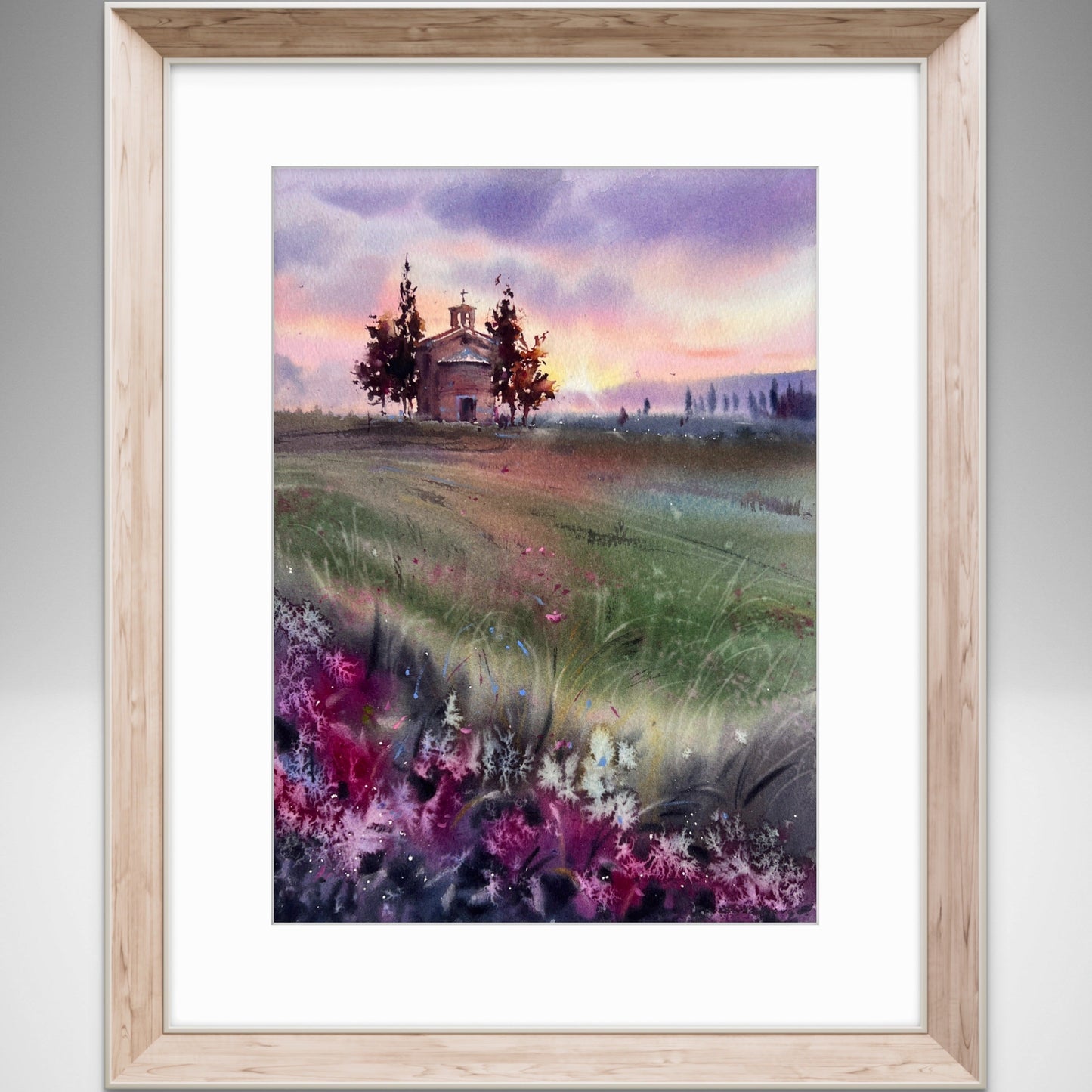 Tuscany Watercolor Painting Italy Landscape Art, Tuscan Chapel Glow 12x16