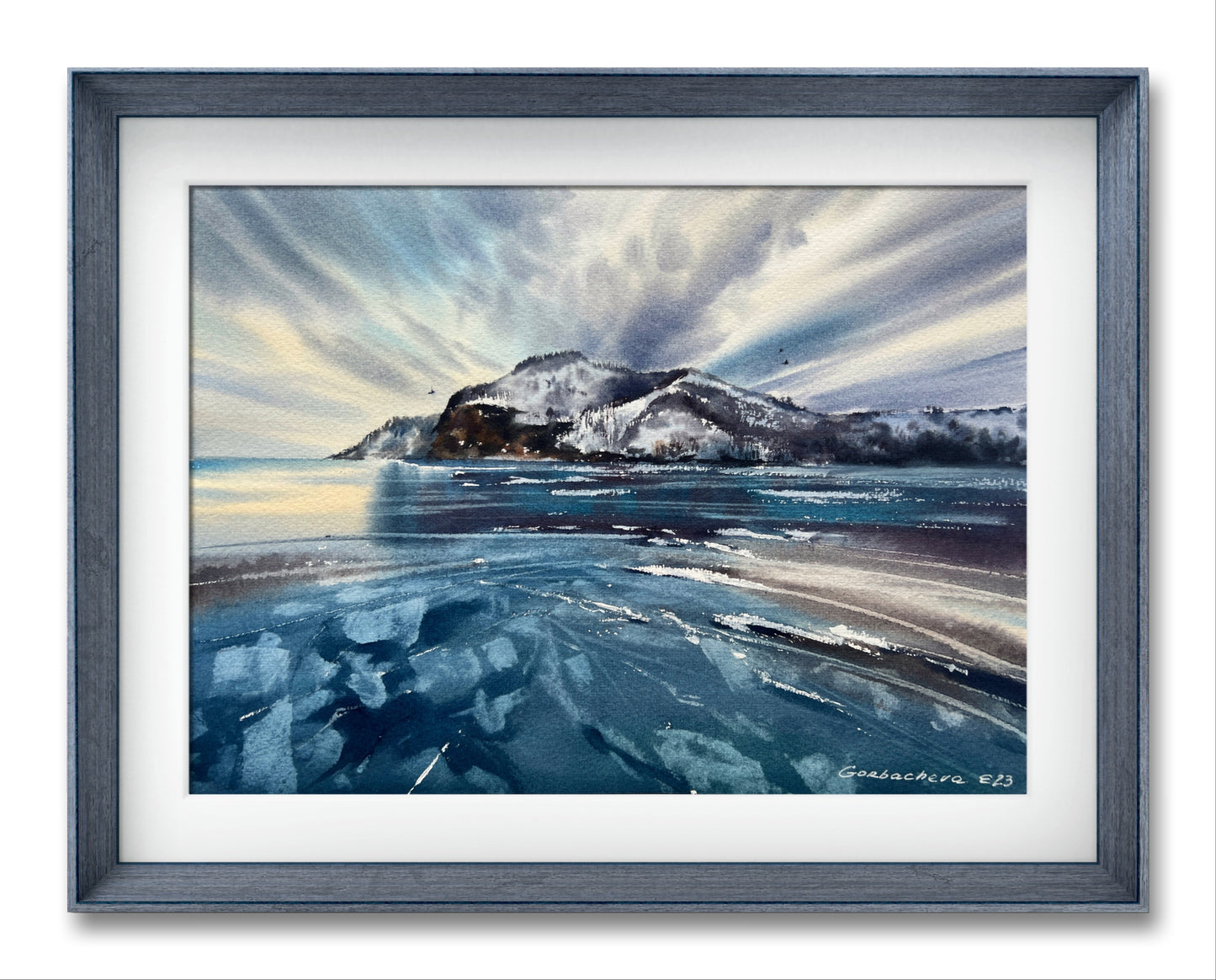 Frozen Lake Painting Original, Watercolor Winter Seascape, Explorer, Lake Baikal #7, 11x15