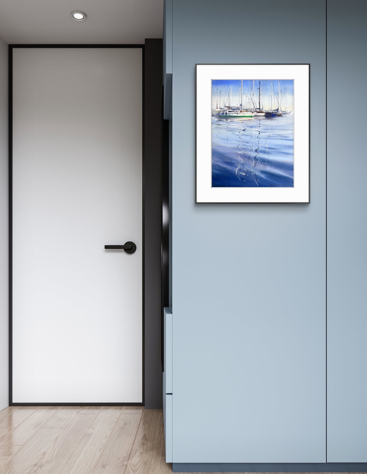 Original Watercolor Marina Painting, Sailboats Harbor Reflection, Blue Harbor Poetry 12x16