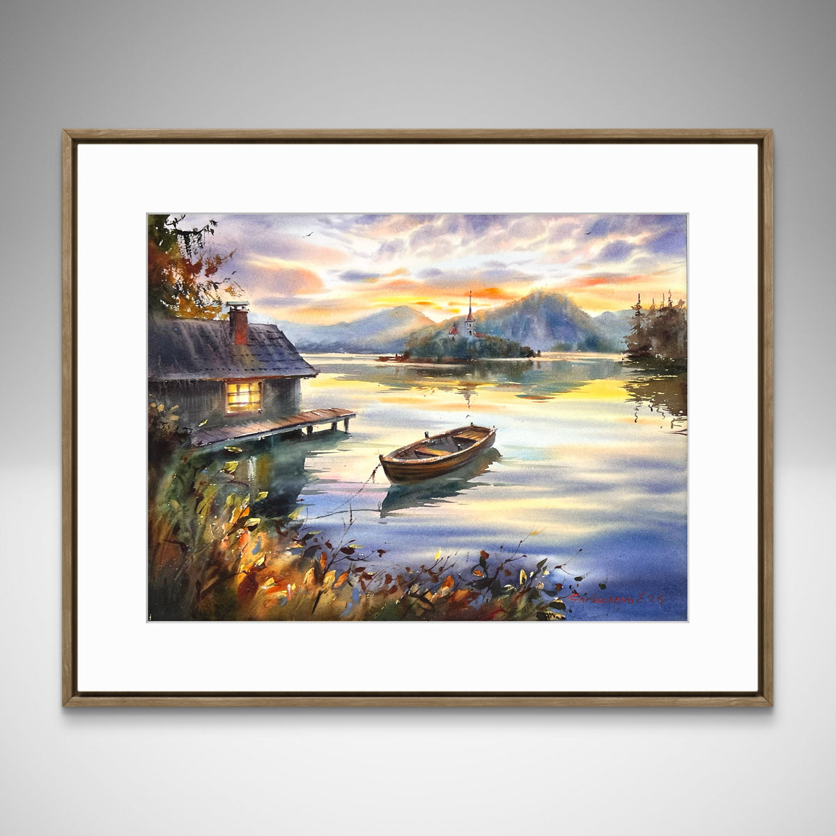 Acuarela de un lago al atardecer, arte original de un paisaje con barco, un barco solitario al atardecer 12x16
