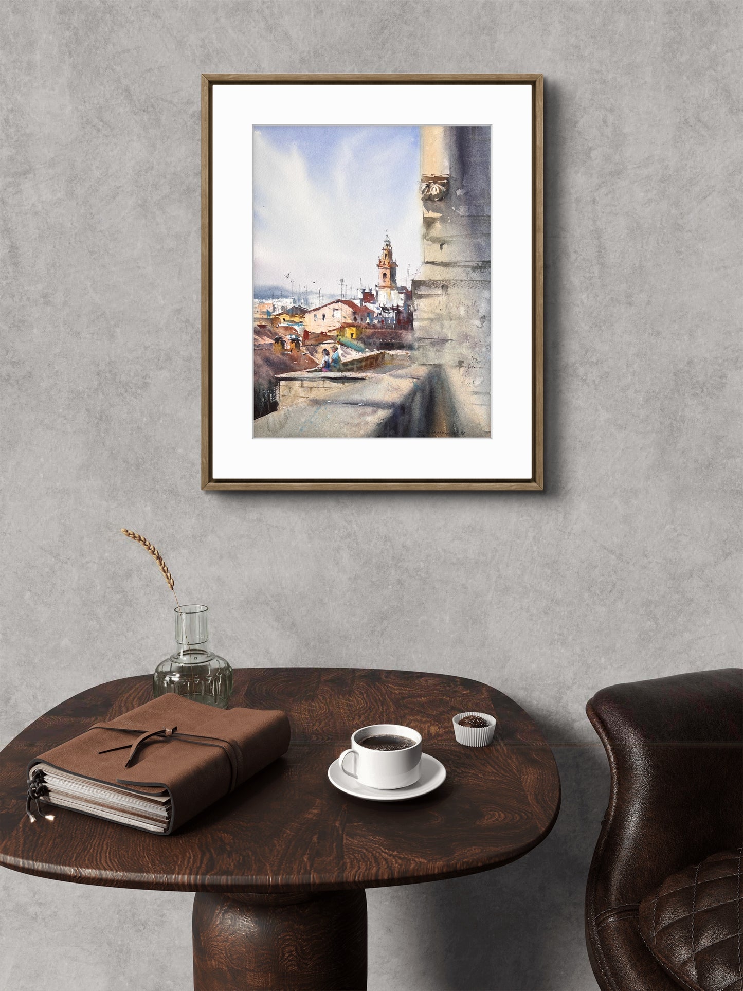 Spanish Watercolor Cityscape Painting, Old Town Rooftops, Sun Over Old Spain 11x15