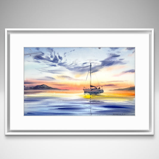 Large Sailboat Sunset Painting, Yachts at sunset #7 13x22 in