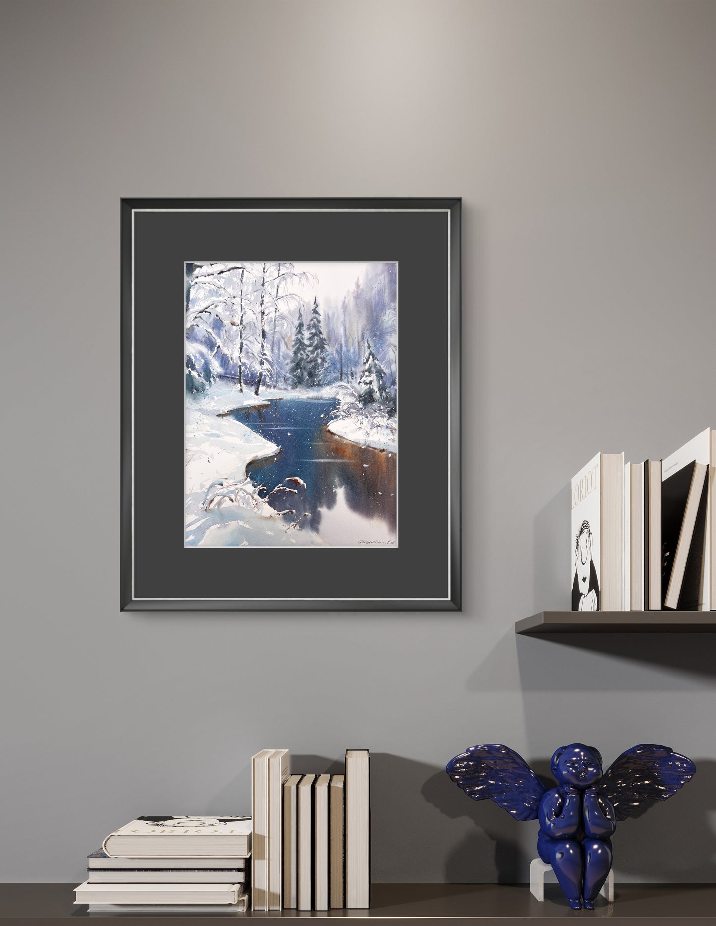 Original Winter Landscape Watercolor Painting, Snowy Forest River Art, Crystal Dawn 9x12