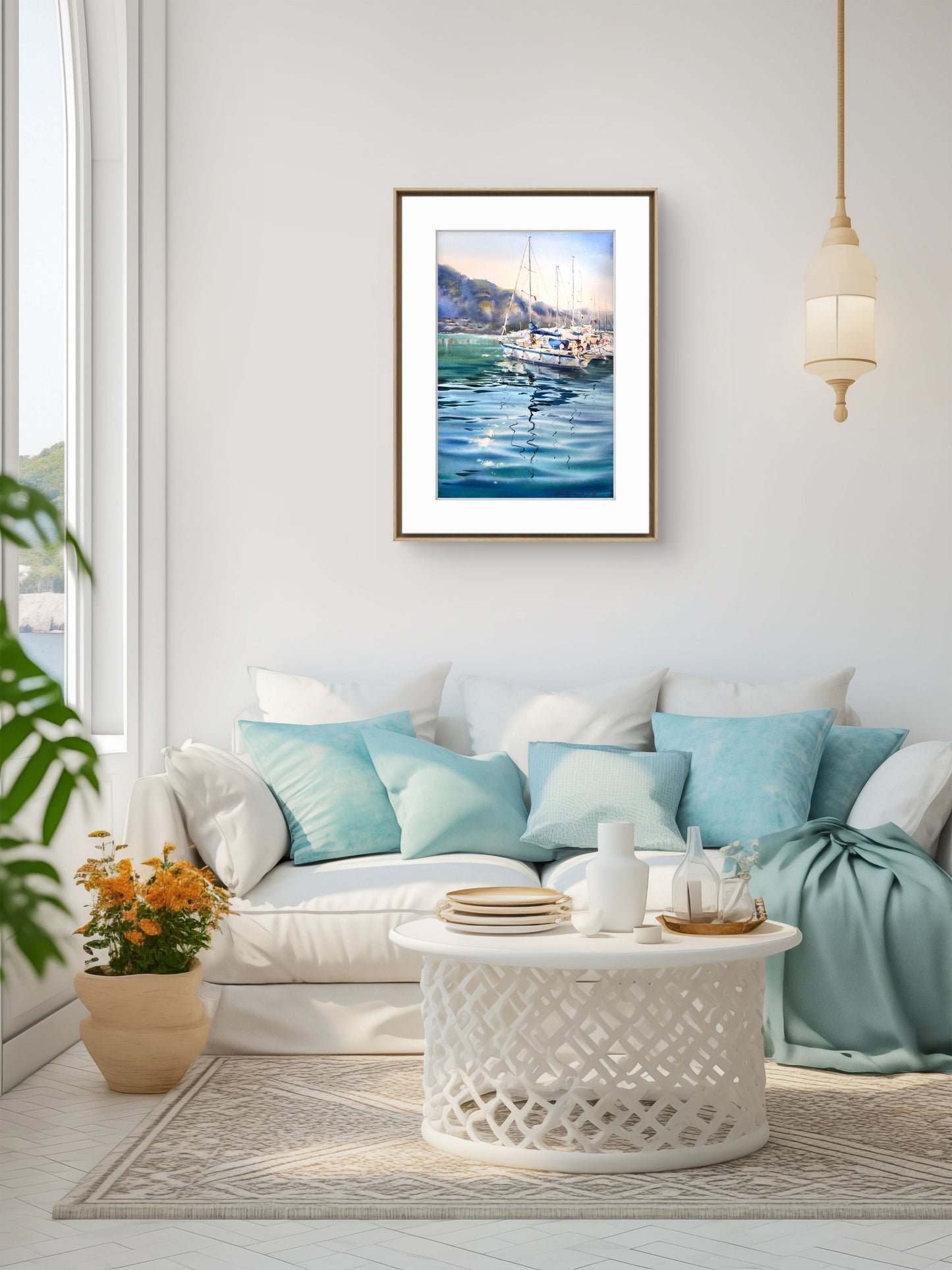 Underwater Light Watercolor, Sailboat Painting, Underwater Light 15x22