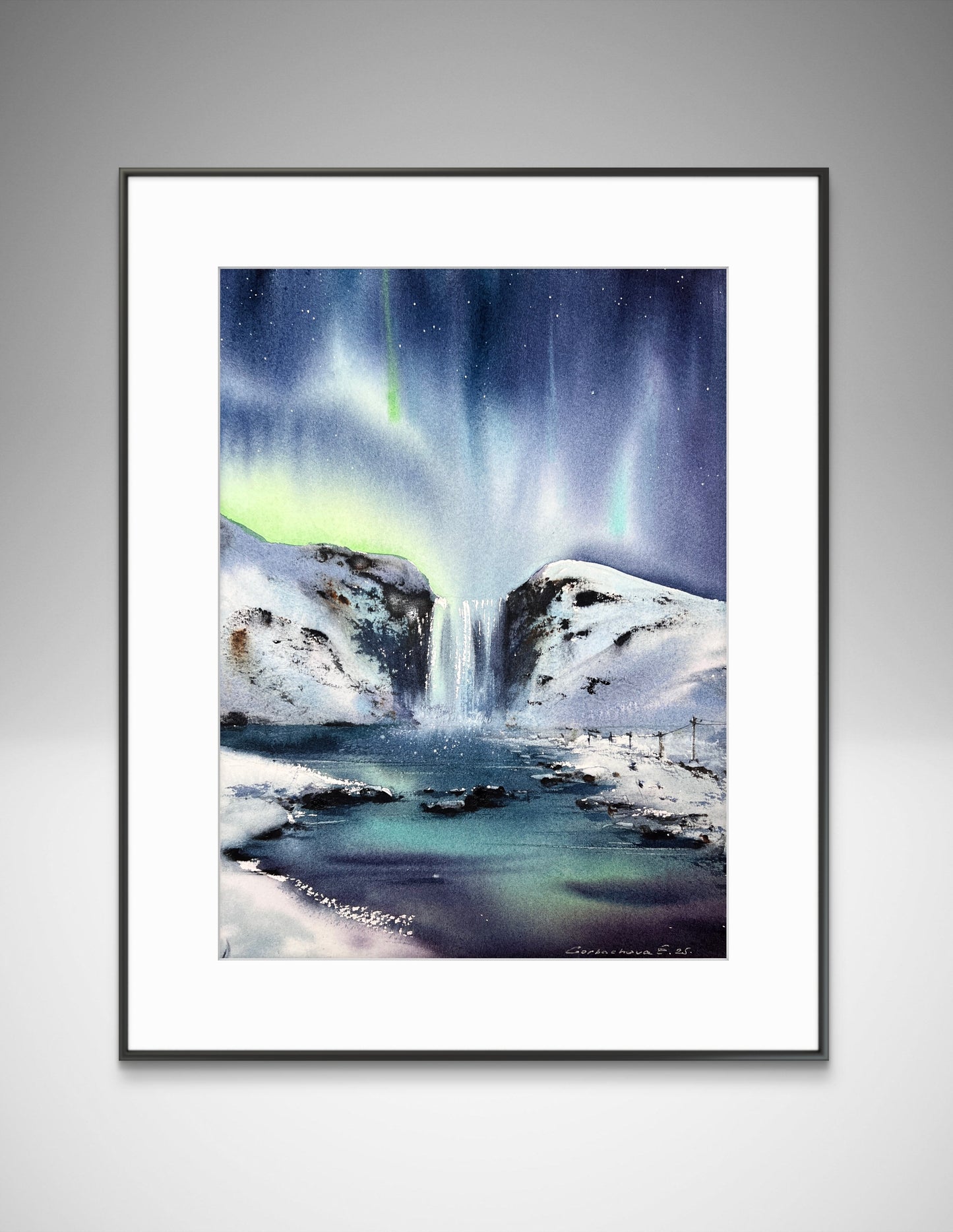 Northern Lights Waterfall Painting, Original Winter Landscape Watercolor Painting, Polar Night Jewel 9x12